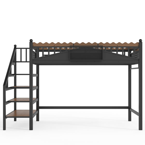 English Elm Full Size Metal Loft Bed with Stair Storage Shelves Bookshelf for Dorms Bedroom W1580S00378