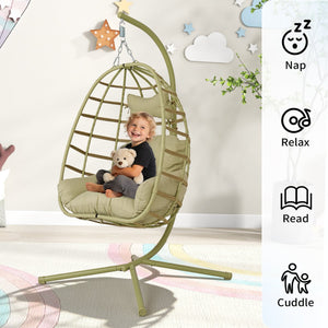 English Elm Egg Hanging Chair with Stand Pe Rattan Swing Seat Washable Cushion Patio Bedroom T5880P497435