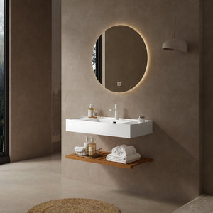 English Elm LEDE 36" Bathroom Vanity with Integrated Glossy Acrylic Vessel Sink, Wall-Mounted Dark Walnut Shelf Organizer W2615P257450