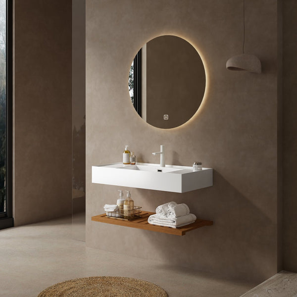 English Elm LEDE 36" Bathroom Vanity with Integrated Glossy Acrylic Vessel Sink, Wall-Mounted Dark Walnut Shelf Organizer W2615P257450