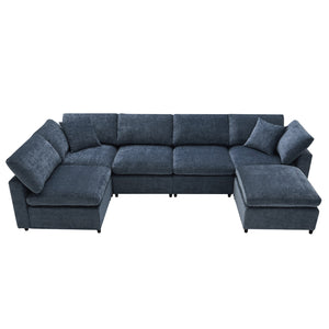 English Elm [new Sku] Chenille Modular Sectional Sleeper Sofa with Ottoman Six Seat U Shape Living Room Dark Blue N723S8583K
