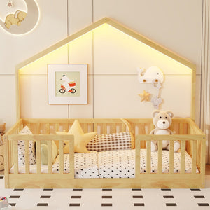 English Elm Twin Montessori Floor Bed House Frame with Led Lighting and Safety Rails for Kids W2593P440601
