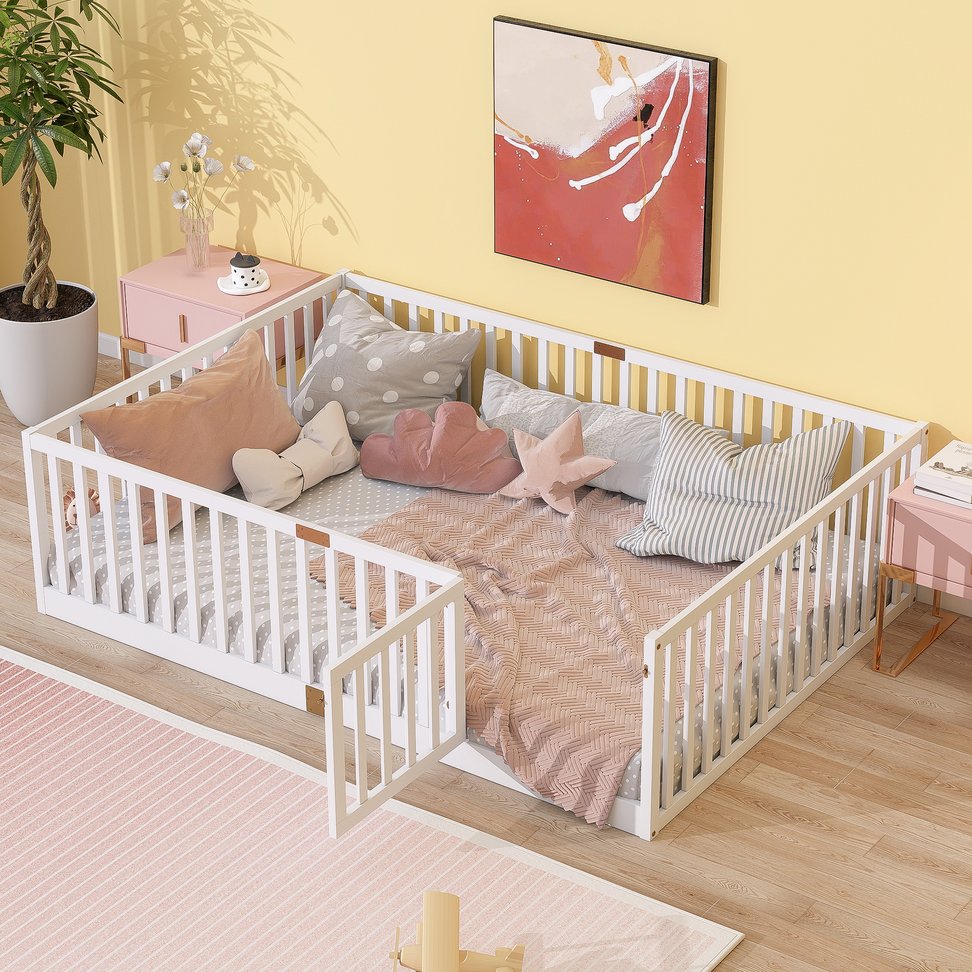 English Elm Twin Floor Bed Solid Rubber Wood with Tall Safety Railings for Toddler Sleep White W504P287658