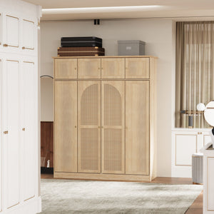 English Elm 70.87"tall Rattan Door Armoire Freestanding Wardrobe with Adjustable Shelves Hanging Rod Natural W757S00054