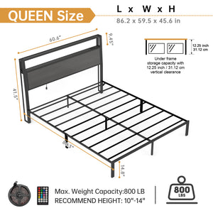 English Elm Queen Metal Platform Bed with Rgb Led Headboard Charging Station and Underbed Storage Dark Grey T3963P483958