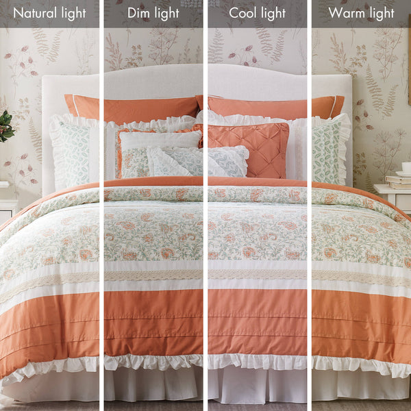 English Elm 9 Piece Cotton Percale Comforter Set - Charming Coral Queen Bedding With Shabby Chic Design & Pillows B03596894