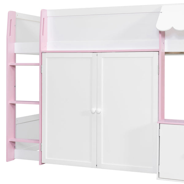 English Elm Twin House Loft Bed with Pull Out Rolling Desk Stair Drawers and Cabinet Storage N820S00074H