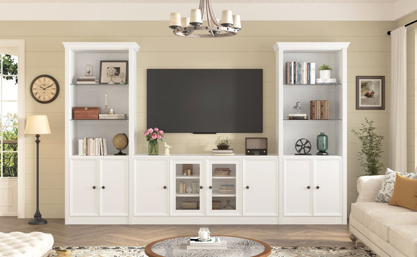 English Elm U-can Three Piece Wall Unit Built-in Media Center with Crown Molding and Tempered Glass Storage White SJ000156AAK