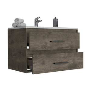 English Elm Praga Floating Vanity Sink with 2 Drawers Dark Brown White — Wall-Mount Compact Luxury Sink Unit B200S00393
