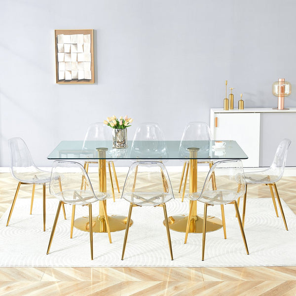 English Elm Table and Chair Set Tempered Glass Top with Gold Leg Ghost Seats for Dining Room W1151S04559