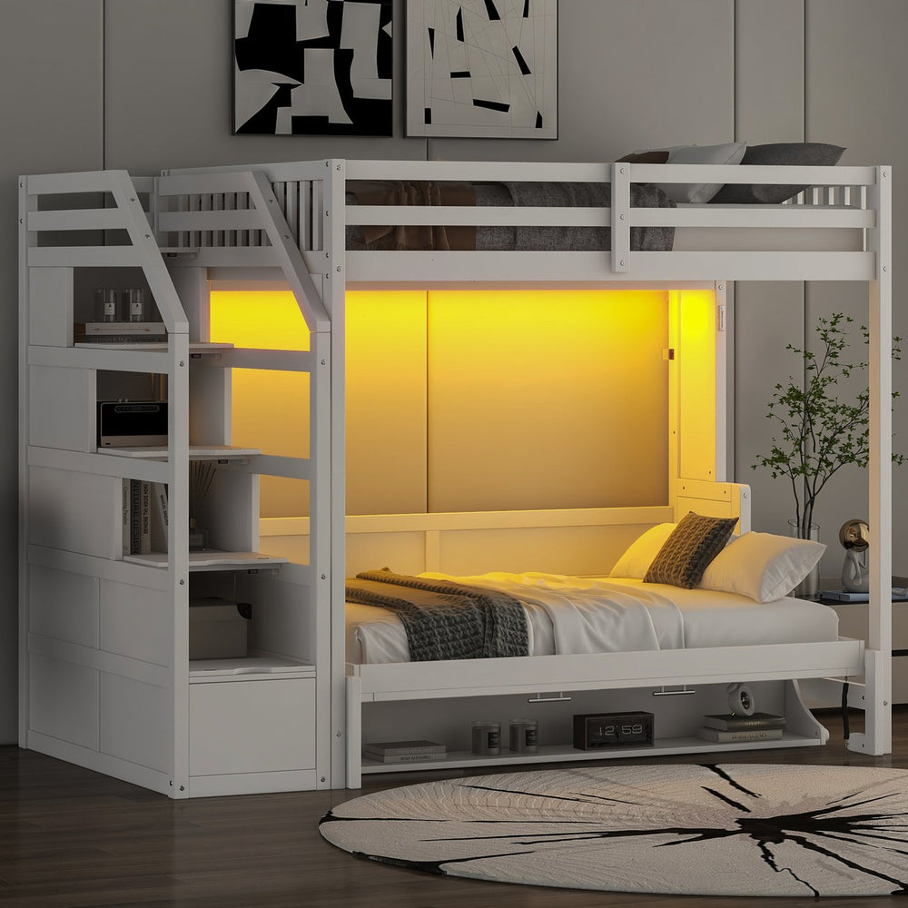 English Elm Full XL Loft Bed with Storage Staircase & Murphy Bed, Solid Pine, LED Light, Space-Saving White N7090004017K