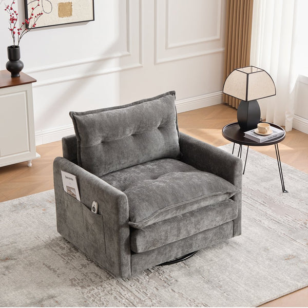 English Elm UNITED Swivel Barrel Chair with Chenille Upholstery, 360° Smooth Rotation, Padded Arm Comfort and Side Pockets for Living Room Relaxation Gray W1568P290087