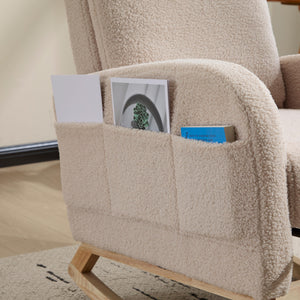 English Elm Modern Upholstered Glider Rocker with Teddy Fabric High Back and Rubberwood Base Beige W3723P409075
