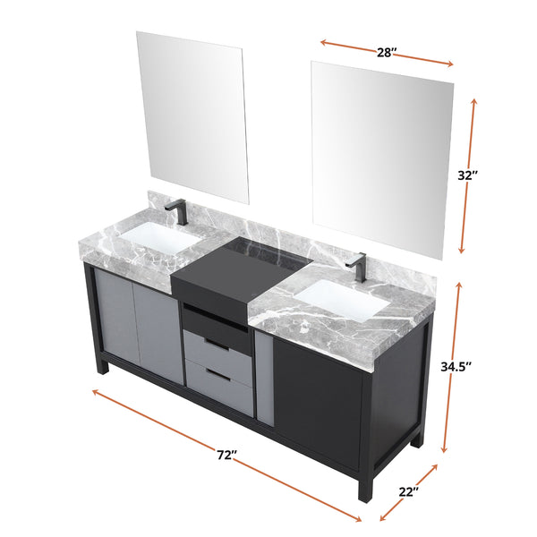 English Elm Black Double Bath Vanity 72" With Castle Grey Marble Top, Gun Metal Faucets & 28" Mirrors Included B2731S01157