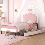 English Elm Twin Size Upholstered Princess Bed With Crown Headboard and 2 Drawers,Twin Size Platform Bed With Headboard and Footboard, Pink+White