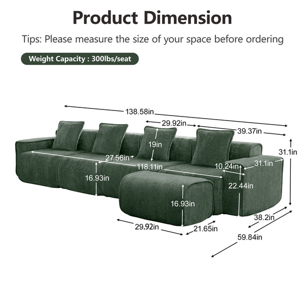 English Elm Streamlined Modular L-shaped Sectional Velvet Sofa with Ottoman and Tailored Piping Detail Green W3041S00369