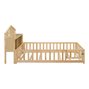 English Elm Full-size Montessori Floor Bed with Built-In Bookcase and Chalkboard, Space-Saving Solid Wood Platform for Kids Natural 56.3 L x 17.32 W x 5.31 H W1716S00014