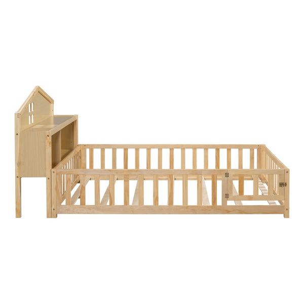 English Elm Full-size Montessori Floor Bed with Built-In Bookcase and Chalkboard, Space-Saving Solid Wood Platform for Kids Natural 56.3 L x 17.32 W x 5.31 H W1716S00014