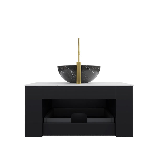 English Elm Muri Floating Bathroom Vanity Plywood Cabinet Sintered Stone Top Oak Drawer White+Black W2615S00264
