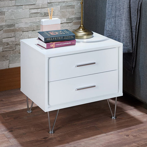 English Elm 2 Drawers Nightstand With Chrome Metal Legs – Modern White Bedside Table For Stylish Storage Solutions B016P253805