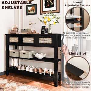 English Elm 43.3" Farmhouse Console Table Rattan Drawer Fronts Open Shelving Entryway Storage Black T3210P426419