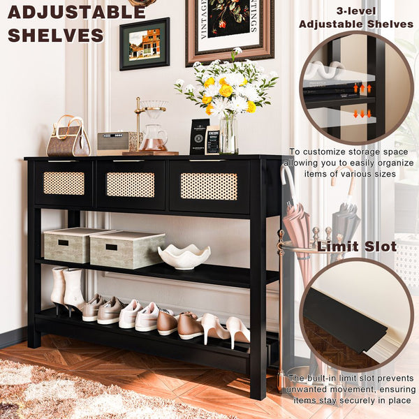 English Elm 43.3" Farmhouse Console Table Rattan Drawer Fronts Open Shelving Entryway Storage Black T3210P426419