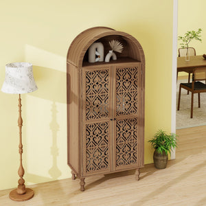 English Elm 70.28" Tall Walnut Pantry Cabinet Lattice Carved Doors Adjustable Shelves Two Drawers W688P303382