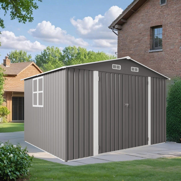 English Elm 10 X 8 Ft Galvanized Steel Outdoor Shed with Lockable Doors and Vented Window W3213S00003