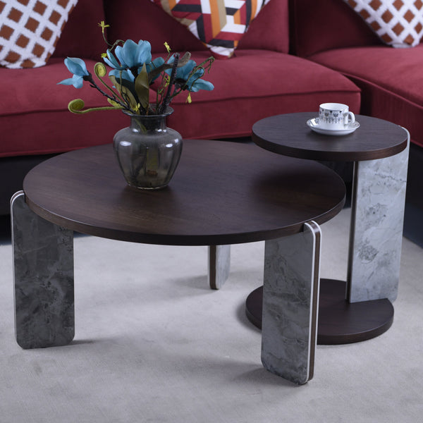 English Elm Set of 2 Round Sintered Stone Nesting Tables Sleek Modern Accent for Living Rooms W2899P405895