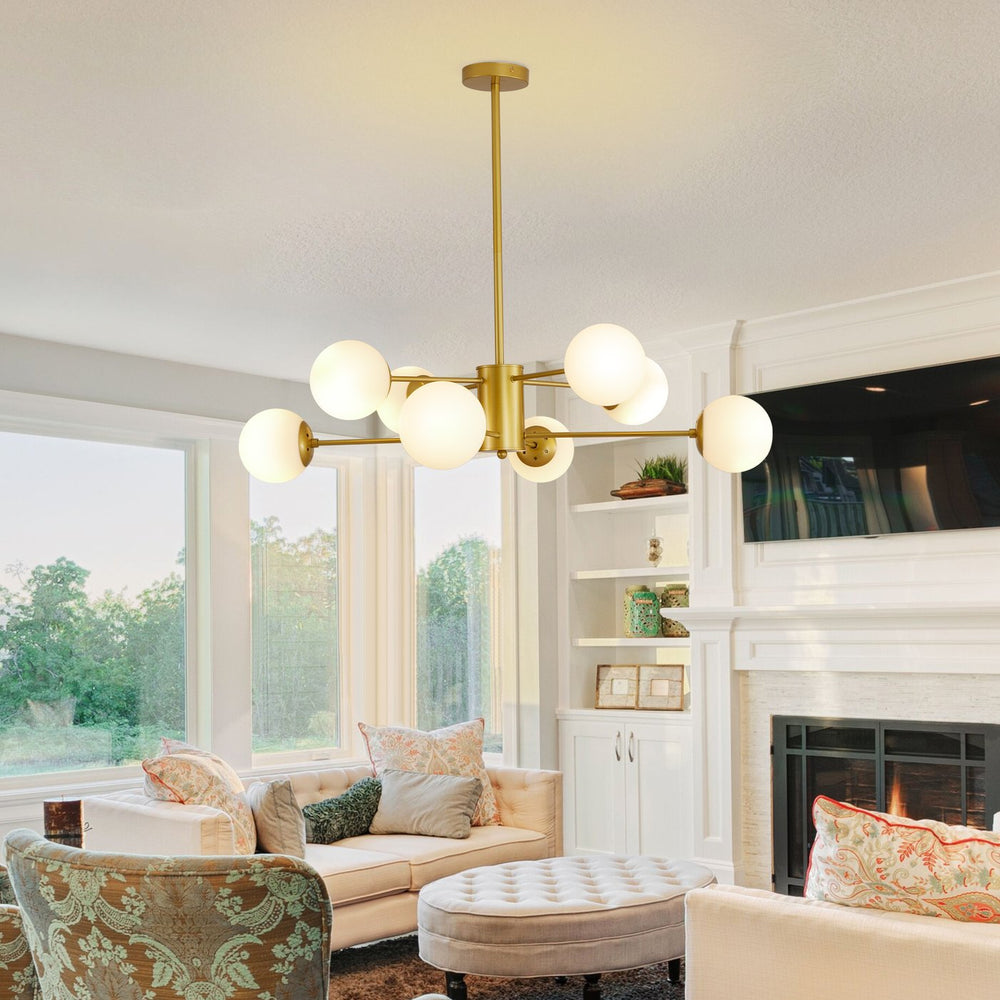 English Elm 35" Mid-century Branching Chandelier Eight Frosted Globe Shades Gold Iron Frame W2312P471909