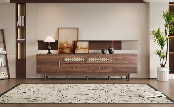 English Elm 76" Modern Chic TV Stand for Up to 85" TVs — Rattan Accents, Solid Wood Legs, Soft-Close Doors & Drawers N710P339467P