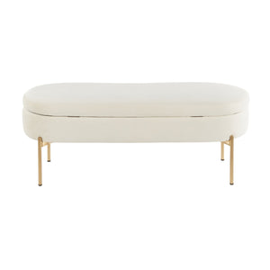 English Elm Contemporary Cream Velvet Storage Bench with Gold Metal Base for Bedroom or Entryway B202P223453