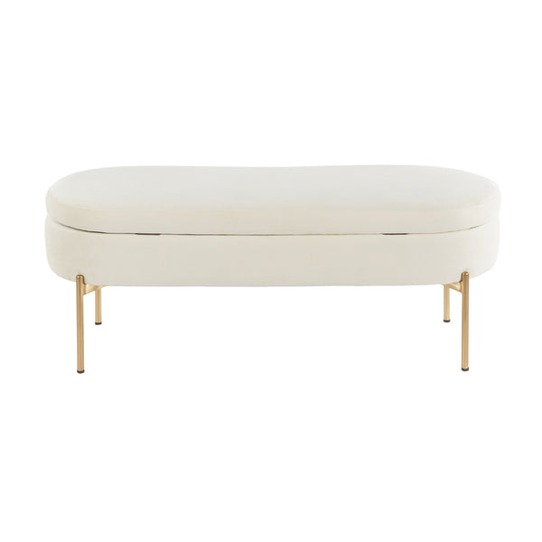 English Elm Contemporary Cream Velvet Storage Bench with Gold Metal Base for Bedroom or Entryway B202P223453