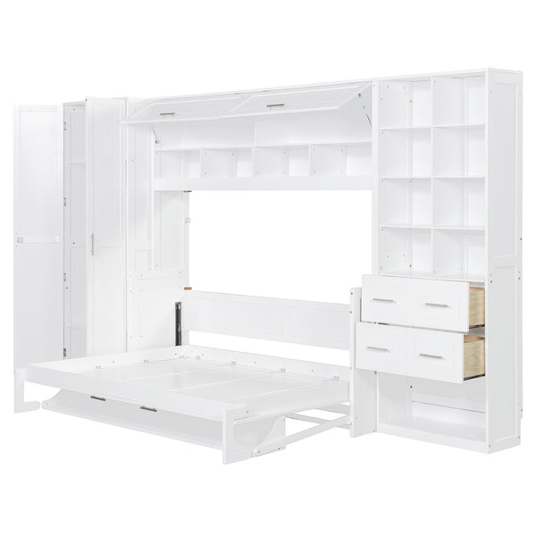 English Elm Full Size Murphy Wall Bed with Wardrobe Drawers Shelving for Studio Apartments LP000383AAK