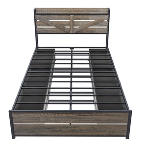 English Elm Queen Metal Platform Bed with 12 Storage Drawers Bookcase Headboard and Rgb Lighting W636S00008