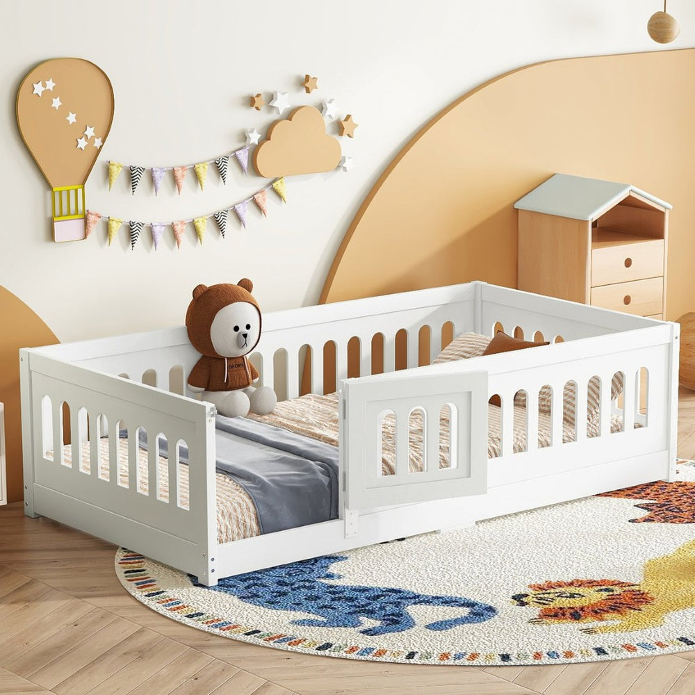 English Elm Twin Size Floor Bed With Safety Guardrails & Built-In Door - Cozy Solid Wood Frame For Kids’ Rooms W1820P240536-GIGA