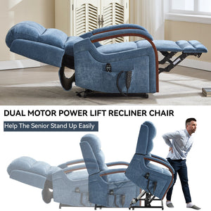 English Elm Power Lift Recliner Chair Chenille Upholstery Dual Motor Heat Massage Solid Wood Arms Blue W1803S00067