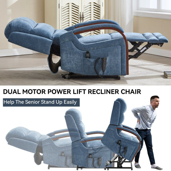 English Elm Power Lift Recliner Chair Chenille Upholstery Dual Motor Heat Massage Solid Wood Arms Blue W1803S00067
