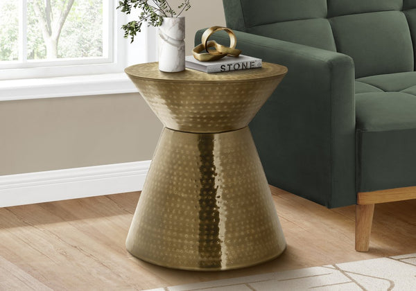 English Elm Accent Drum End Table with Hammered Metal Finish — 22" Handcrafted Cone Shape for Chic Living Spaces Gold 23 L x 23 W x 19 H B2710P219458