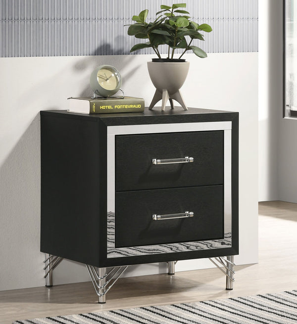 English Elm 2 Drawer Modern Nightstand Black Lacquer Finish Chrome Pulls Bedroom Storage B016P460550