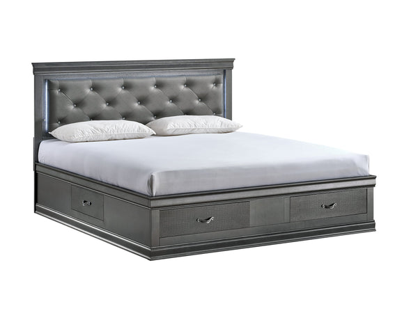 English Elm Lorana King Platform Bed with Led Lighting Tufted Faux Leather Glam Storage Frame Gray B078S00693