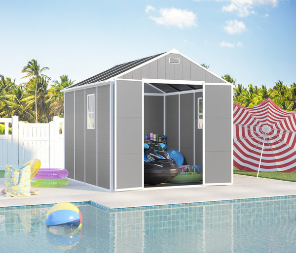 English Elm Campcraft 8x8 Ft Resin Storage Shed with Uv Resistant Polypropylene Panels and Hd Windows W1598S00013