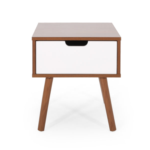 English Elm Christopher Knight Home® - END TABLE Mid-Century Modern Two-Toned End Table with Drawer, Faux Wood Top & Splayed Legs for Living Room White+Walnut 66761.00WALNWHT