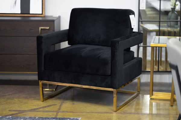 VIG Furniture Edna Plush Black Velvet Accent Chair With Gold Stainless Steel Frame, Tuxedo Arms & Cutout Backline VGRHRHS-AC-201-BLK