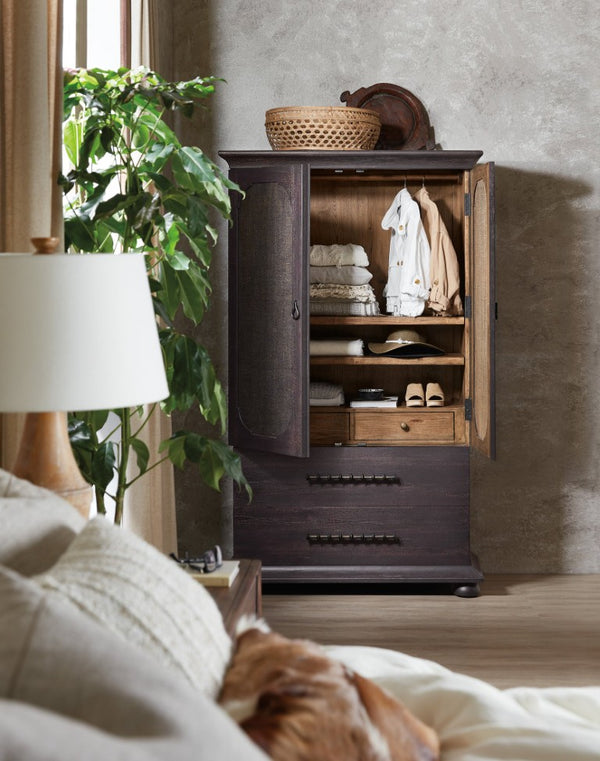 Hooker Furniture Big Sky Small Wardrobe — Charred Timber Pecky Hickory Armoire With Burlap Doors, Bronze Hardware, Vertical Storage 6700-90213-98