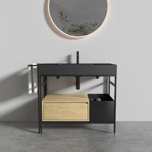 English Elm FORTE 36" Industrial Modular Bathroom Vanity with Durable Metal Frame, Quartz Basin, Soft-Close Drawer Black,Oak W1865S00175