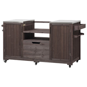 English Elm K&K 66.5" Outdoor Kitchen Island with 1.2" Stainless Steel Top, Ample Storage, Wheels & Bottle Opener Brown N707P250629Z