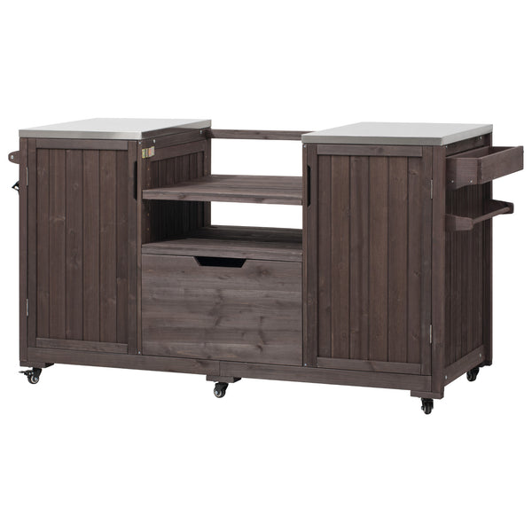 English Elm K&K 66.5" Outdoor Kitchen Island with 1.2" Stainless Steel Top, Ample Storage, Wheels & Bottle Opener Brown N707P250629Z