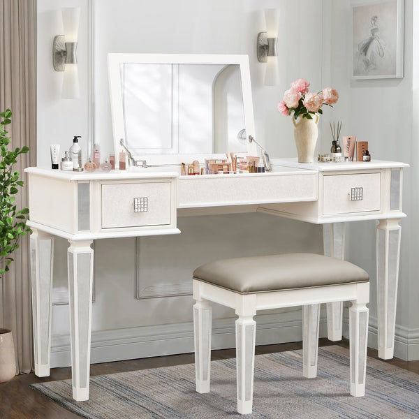 English Elm Mirrored Vanity Desk with Drawers and Flip-Up Mirror, Silver PU Stool, Crystal Knobs, Storage Elegance W2170P209976