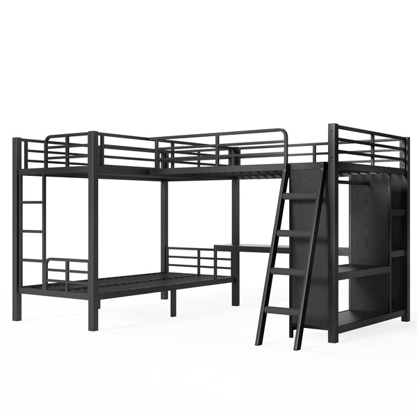 English Elm L-shaped Triple Bunk Bed with Desk Wardrobe Metal Frame for Teen Shared Rooms W5305S00003